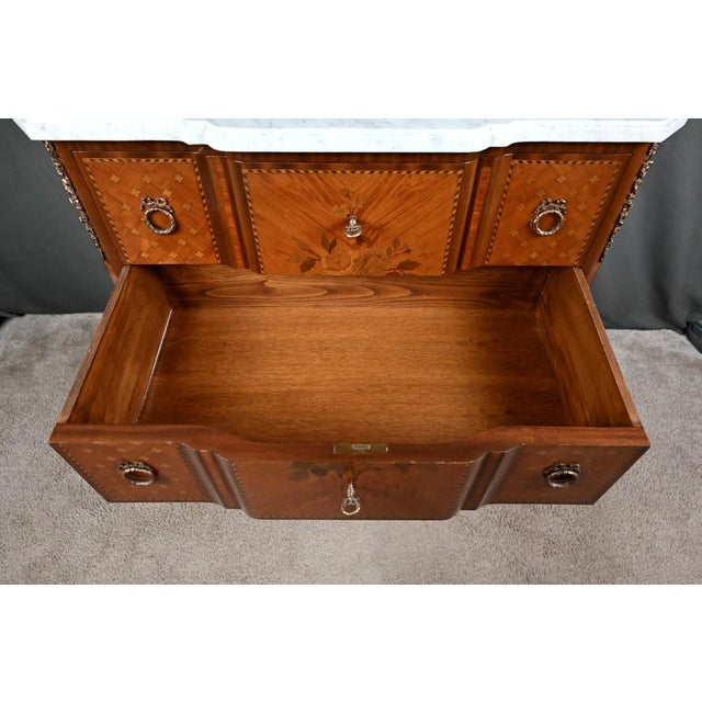 Mid-Century Louis XV-Louis XVI Transition Style Marquetry Commode For Sale - Image 18 of 18
