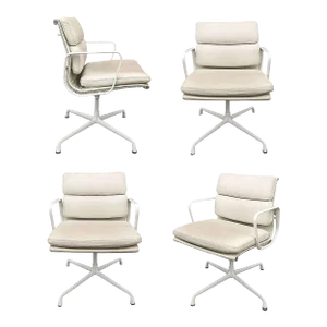 White Eames Ea208 Leather Soft Pad Chair by Herman Miller, Set of 4