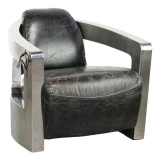 Vintage Aviator Design Armchair in Black Cowhide Leather with Aluminium and Rivets For Sale