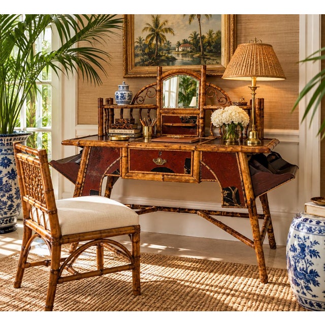 Exceptional late 19th-century English Aesthetic Movement writing desk crafted from richly patinated burnt bamboo and...