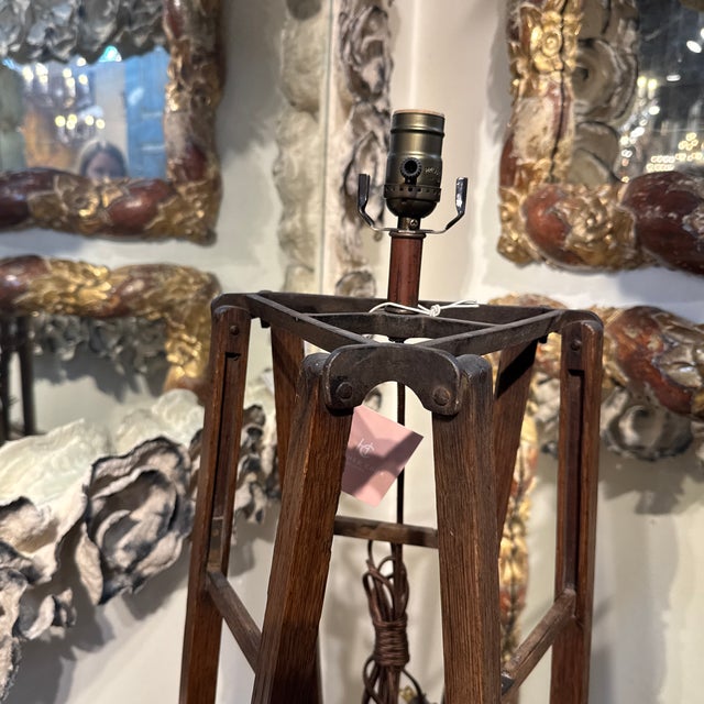 French floor lamp made of surveyors wood tripod stand. Newly rewired. 25”dia x 59”h 45-159