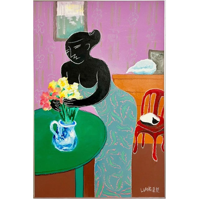 Green Liang Yifeng, Chinese Taiwanese Modernist Oil Painting Liang Yifeng Woman in Blue Interior For Sale - Image 8 of 12