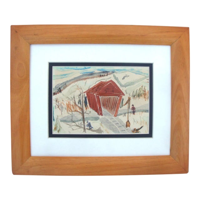 New England Winter Snowscape Painting With Covered Bridge For Sale