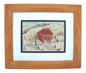 New England Winter Snowscape Painting With Covered Bridge