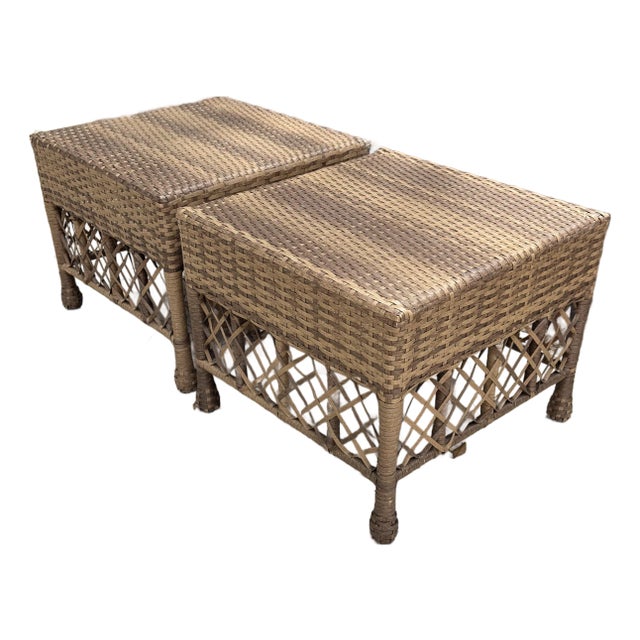 Pair of Woven Rattan Style Ottomans For Sale