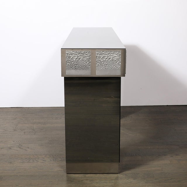 Modernist Mirrored & Polished Steel Console Table W/ Brutalist Tile Motif For Sale - Image 14 of 18