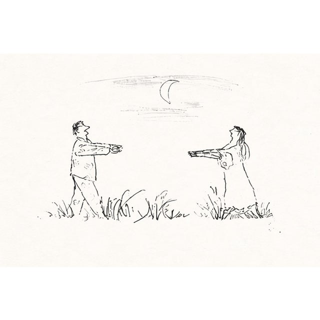 A quiet, expressive moment captured in ink—two figures reaching toward one another beneath a crescent moon. This piece...