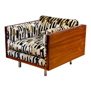 Vintage Milo Baughman Attributed Rosewood Cube Chair Velvet Lounge Chair For Sale