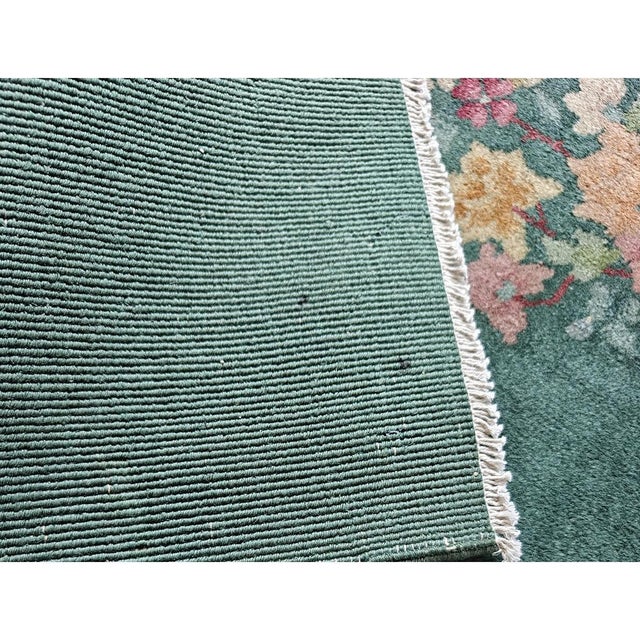 Textile 1920s Small Wool Pile Green Open Field Antique Floral Chinese Deco Throw Rug For Sale - Image 7 of 8