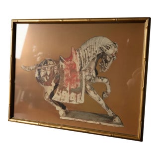 Vintage Hollywood Regency Gold Faux Bamboo Framed Tang Horse Print For Sale