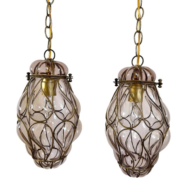Pair of 1960s Italian Venetian Lavender Glass Caged Pendant Lights For Sale