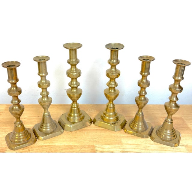 Brass Trio English Brass Beehive Candlesticks 1 Large Pair, 2 Matching Smaller Pair For Sale - Image 8 of 9