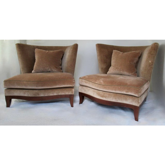 C2000 Donghia "Geneva" Collection Walnut Framed Club Chairs With Donghia Linen Velvet Textile -Pair For Sale In Miami - Image 6 of 16