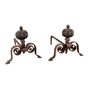 Antique Italian Wrought Iron Andirons with Hand-Carved Bronze Finials, Set of 2