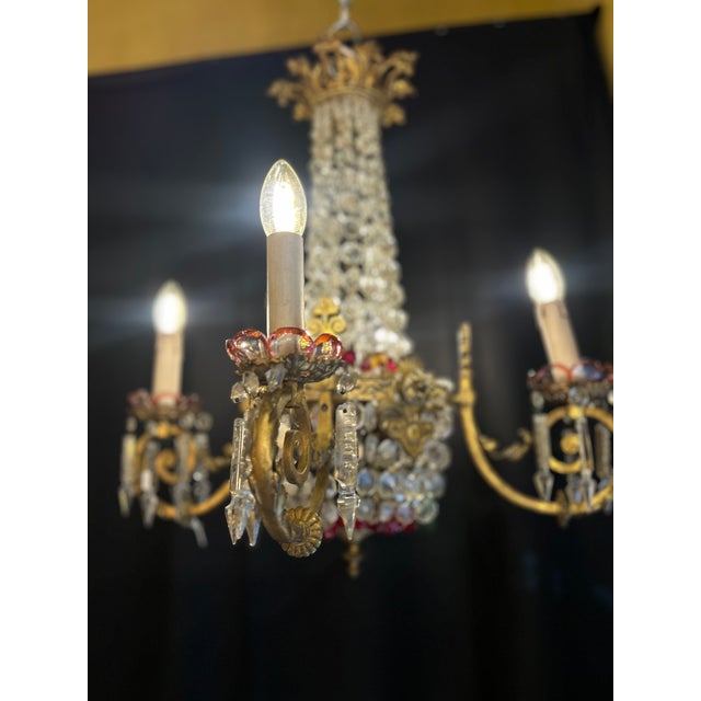 Gilt Bronze and Crystal 4-Light Chandelier with Enameled Glass Decoration, Early 20th Century For Sale - Image 4 of 12