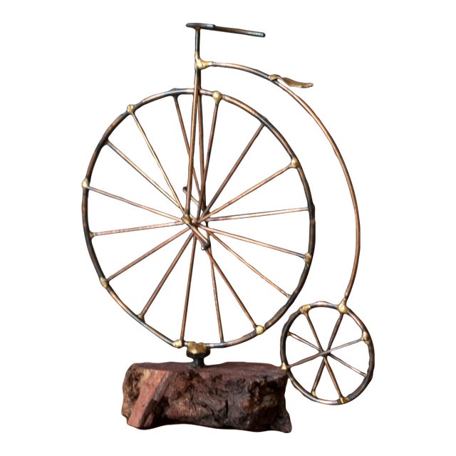 Vintage High Wheel Bicycle Metal Sculpture on Burl Wood Base For Sale