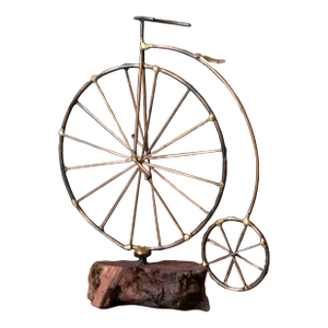 Vintage High Wheel Bicycle Metal Sculpture on Burl Wood Base
