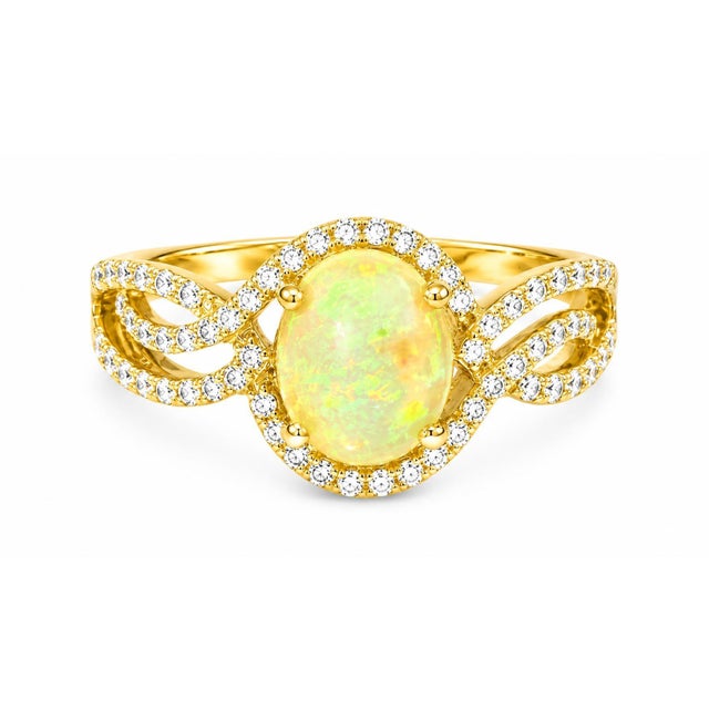 Mid 20th Century 14k Yellow Gold Ethiopian Opal Diamond Filigree Cocktail Ring Estate, Size 7.5 For Sale - Image 4 of 4