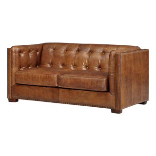 Tuxedo Leather Love Seat - Light Brown For Sale