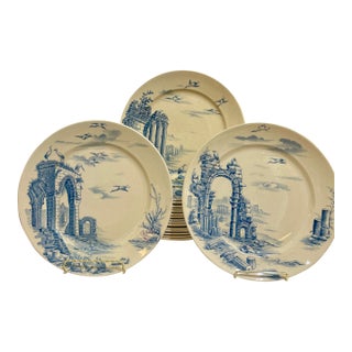 French Faience Plates by Gien, Architectural Ruins Faience, Set of 18 For Sale