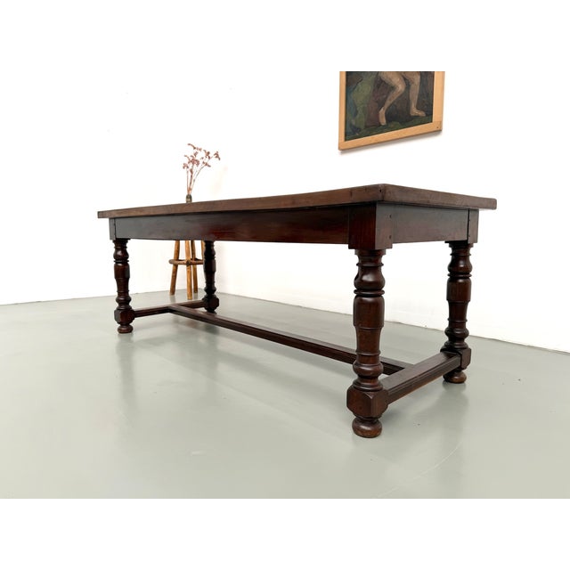 Wood Vintage Farmhouse Table in Walnut with Turned Legs, 1950s For Sale - Image 7 of 18