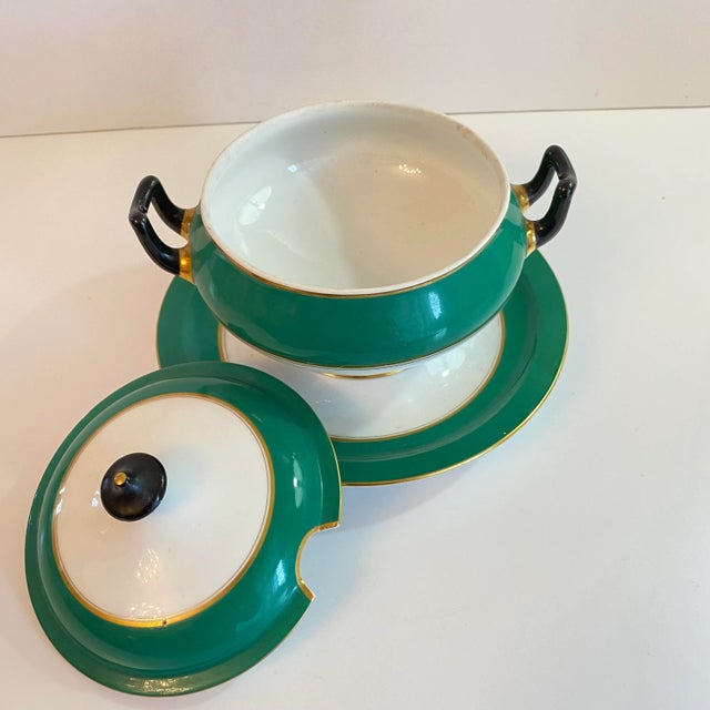 1990s Vintage 1990s Green & White Gilded Lidded Sauce Boat With Underplate For Sale - Image 5 of 6