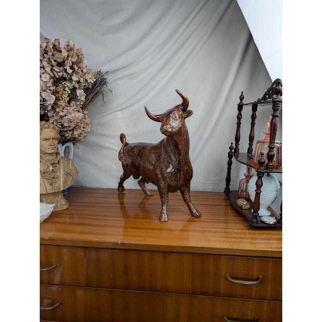 Brown Vintage Art Deco Brown Ceramic & Earthenware Bull Sculpture Zoomorphic, 1980s For Sale - Image 8 of 10