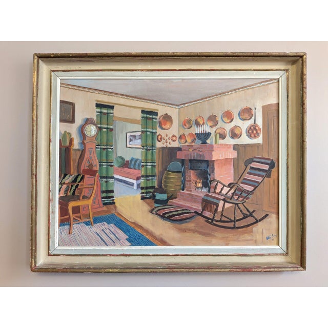 THE FAMILY SITTING ROOM Size: 25.2 x 31.5 inches (including frame) Oil on board A charming mid-century interior that...