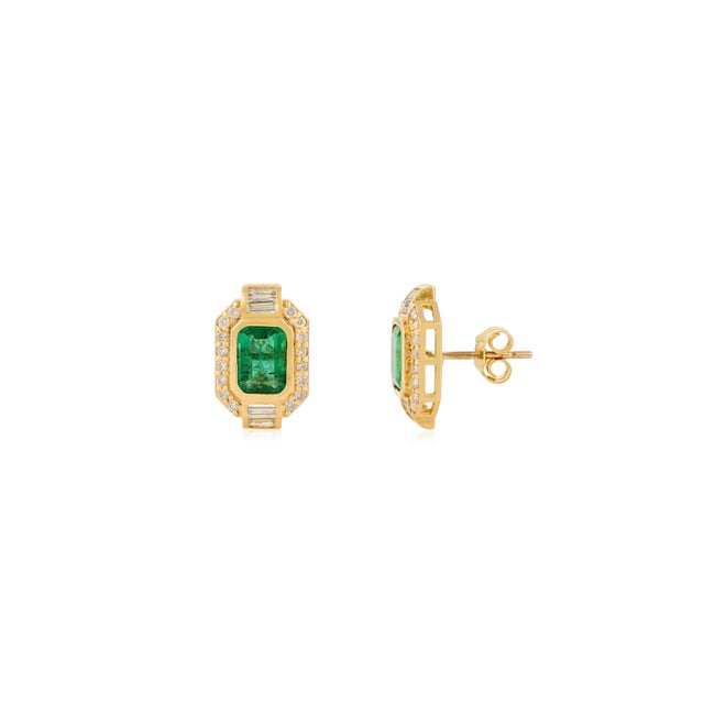 Art Deco Byzantine Style Zambian Emerald Halo Diamond Earrings- A Pair For Sale - Image 3 of 9