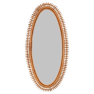Large French Riviera Mirror in Rattan, Wicker and Bamboo attributed to J. Abraham, 1950s For Sale