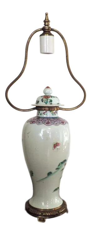 19th Century Chinese Export Porcelain Vase & Cover Decorated with Cockerel in Famille Rose Glaze Mounted as a Lamp