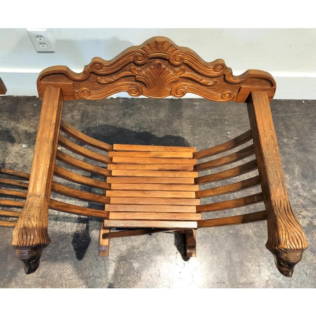 Pair of Italian Mid Century Savonarola Lion Head Wood Folding Chairs For Sale In Dallas - Image 6 of 11