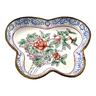 C1950 Chinese Enameled Butterfly-Shape Pin Tray, Peonies, Polychrome Enamel 6" For Sale