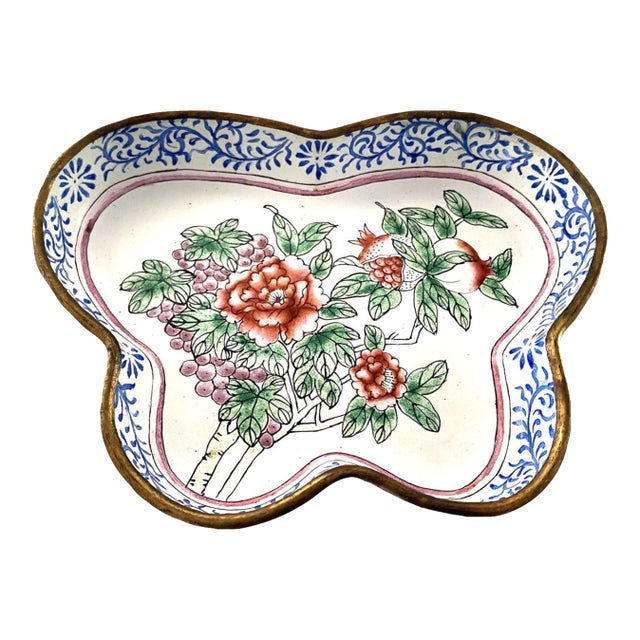 C1950 Chinese Enameled Butterfly-Shape Pin Tray, Peonies, Polychrome Enamel 6" For Sale