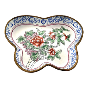C1950 Chinese Enameled Butterfly-Shape Pin Tray, Peonies, Polychrome Enamel 6"