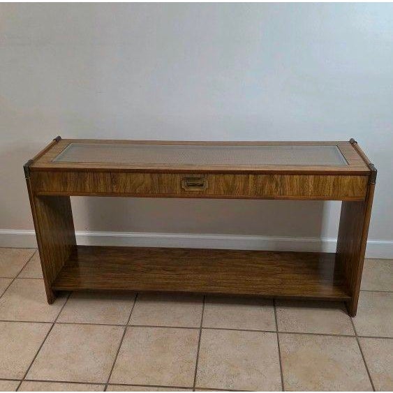 SKU: OT 3221 Vintage Mid Century Modern Wood Cane & Glass Top Sofa/Console Table 55" x 16" x 27.4" Beautiful vintage mid-...