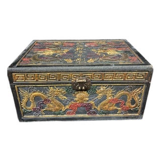Antique Chinese Gilt Lacquered Dragon Box With Brass Clasp For Sale