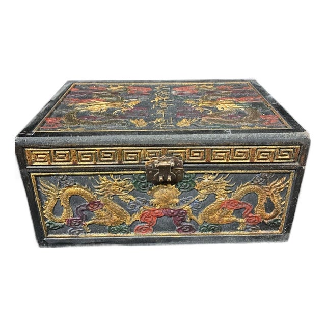 Antique Chinese Gilt Lacquered Dragon Box With Brass Clasp For Sale