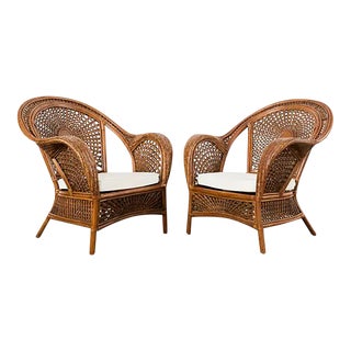 Pair of Bohemian Peacock Style Rattan Wicker Lounge Chairs For Sale