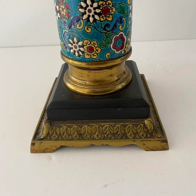 French 19th-Century French Longwy Floral Enamel Faience Oil Lamp Base, Turquoise Blue For Sale - Image 3 of 9