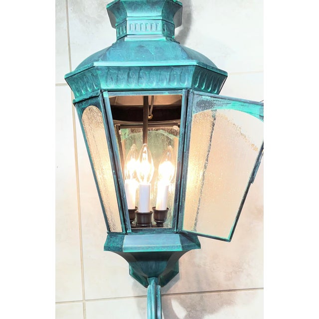 Verdigris Monumental Coach Style Brass & Bronze Wall Lantern With Verdigris Finish . For Sale - Image 8 of 15
