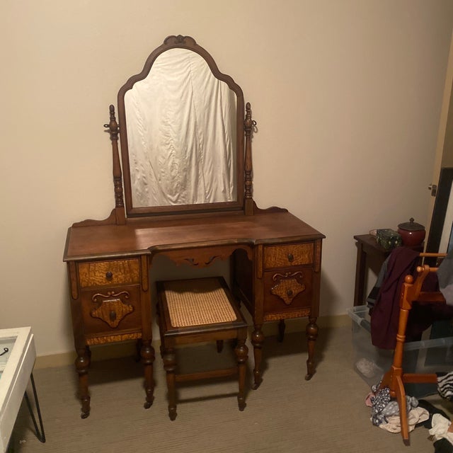 1920s Art Deco Walnut Vanity With Mirror & Stool, 2 Pieces Chairish