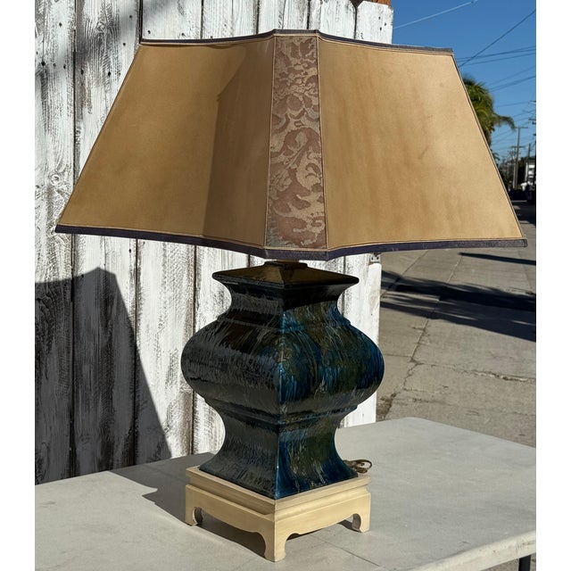 1940s Monumental Square Hollywood Regency Blue Multicolor Large Lamp Style After Fortuny & Parchment Shade For Sale - Image 14 of 18