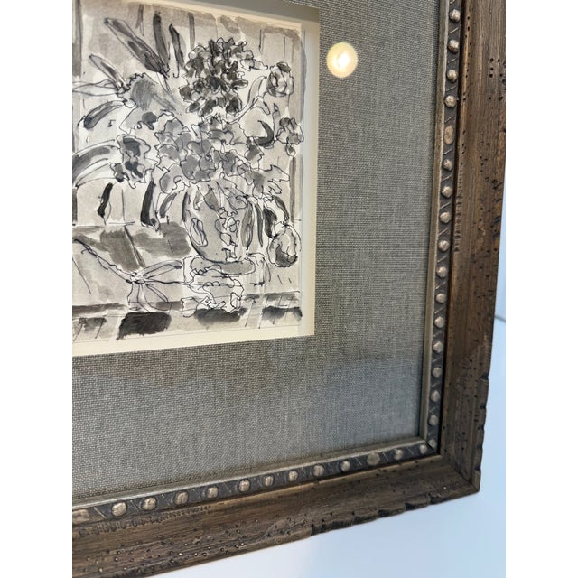 Wood Flower Filled Vase, Framed Grayscale Monochromatic Original Watercolor and Ink, Artist Uknown For Sale - Image 7 of 11