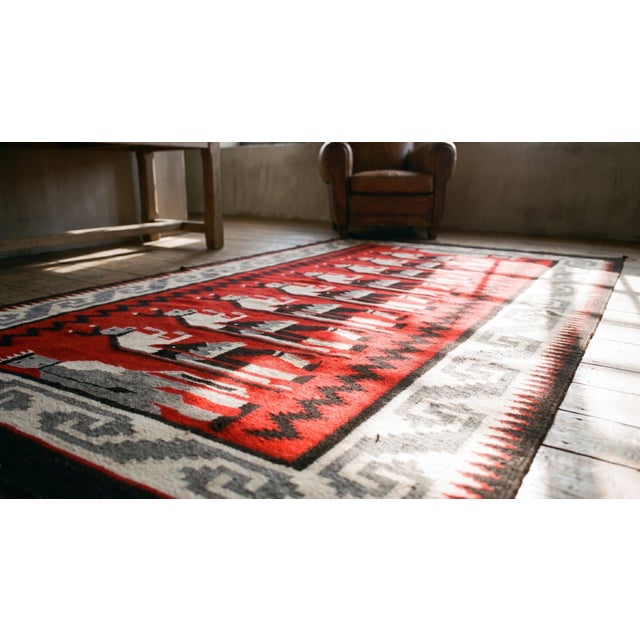 Textile 1940s Red Gray Figural Vintage Zapotec Mexico Yei Rug 4' 7" X 7' 7" Handmade Wool Carpet For Sale - Image 7 of 7