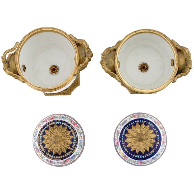 French 1880s French Sevres Style Blue Ormolu Porcelain Urns-Pair For Sale - Image 3 of 13