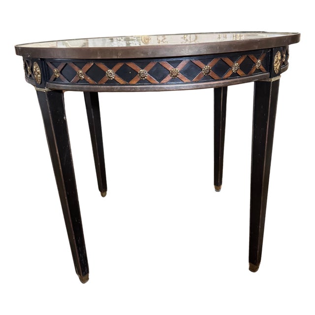 Mid 20th Century French Neoclassical-Style Circular table with Marble Top and Brass Trim For Sale