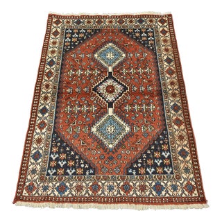 Yalameh Rug 3'5'' X 4'10'' Red Wool Vintage Tribal Hand-Knotted Oriental Carpet For Sale
