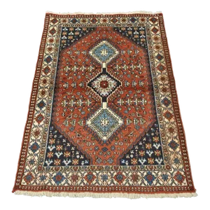 Yalameh Rug 3'5'' X 4'10'' Red Wool Vintage Tribal Hand-Knotted Oriental Carpet