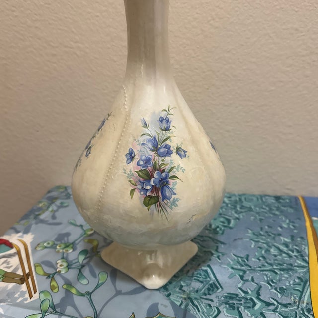 Ceramic Vintage Iridescent Ivory Ceramic Pitcher Vase Hand-Painted Blue Flowers & Gilt Trim For Sale - Image 7 of 10